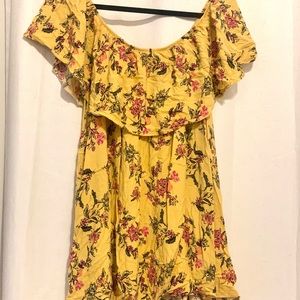 Cute Torrid Mustard Floral Blouse with ruffle neck and shoulder